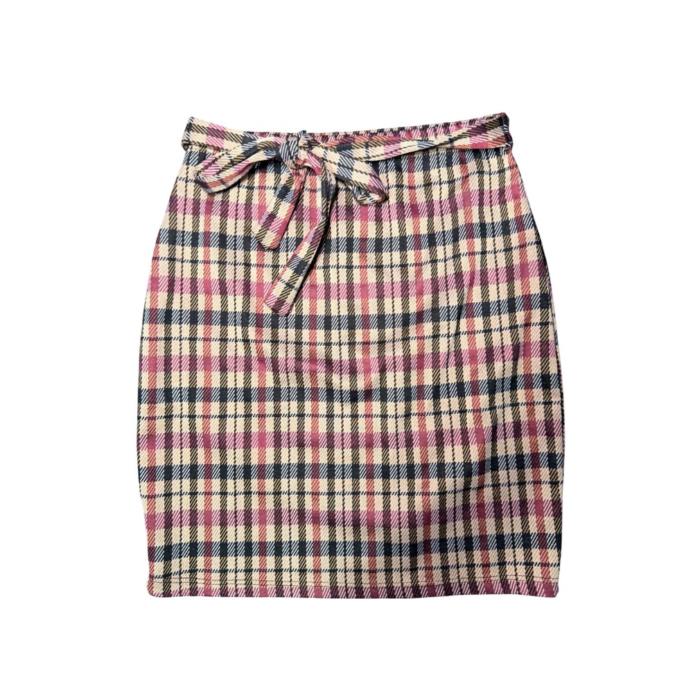 Plaid Mini Skirt Tie Waist Preppy Y2K Stretch Pencil M Rainbow